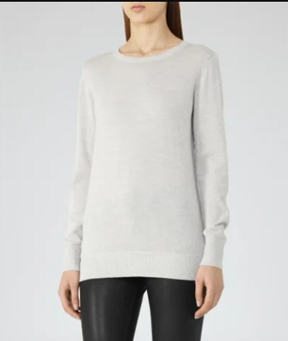 REISS Genoa Crewneck Sweater Silver Gray Metallic Sparkle Pullover Size 10
